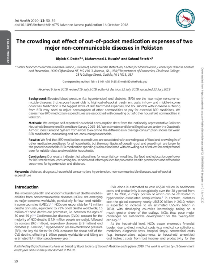 The Crowding Out Effect of Out-of-Pocket Medication Expenses of Two Major Non-Communicable Diseases in Pakistan Thumbnail