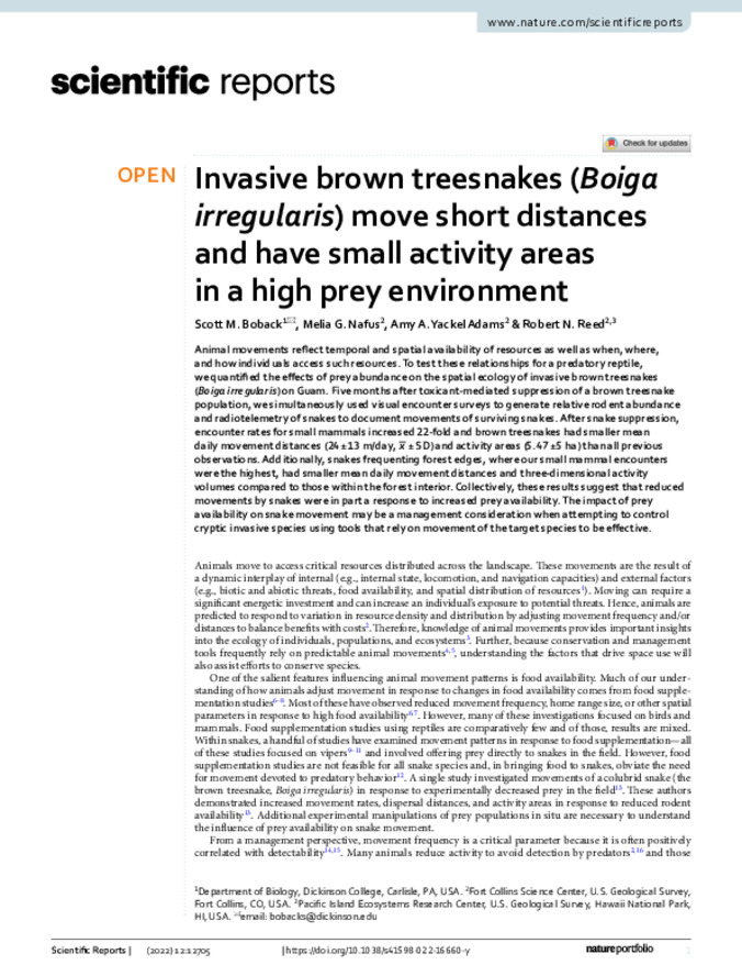 Invasive Brown Treesnakes (Boiga irregularis) Move Short Distances and Have Small Activity Areas in a High Prey Environment 缩略图
