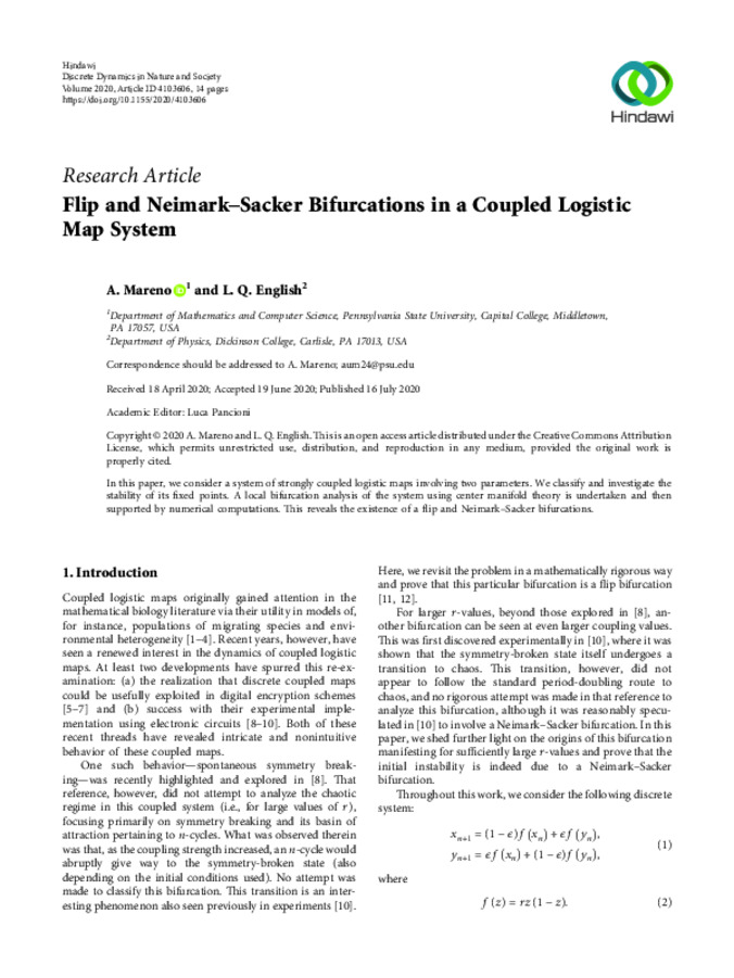 Flip and Neimark–Sacker Bifurcations in a Coupled Logistic Map System 缩略图