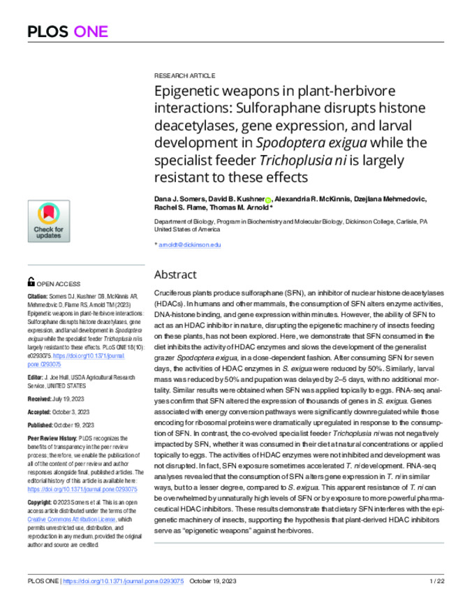 Epigenetic Weapons in Plant-Herbivore Interactions: Sulforaphane Disrupts Histone Deacetylases, Gene Expression, and Larval Development in *Spodoptera exigua* While the Specialist Feeder *Trichoplusia ni* is Largely Resistant to These Effects  缩略图