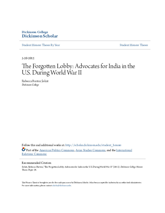 The Forgotten Lobby: Advocates for India in the U.S. During World War II Thumbnail