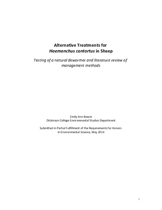 Alternative Treatments For Haemonchus Contortus in Sheep: Testing of a Natural Dewormer and Literature Review of Management Methods Miniaturansicht