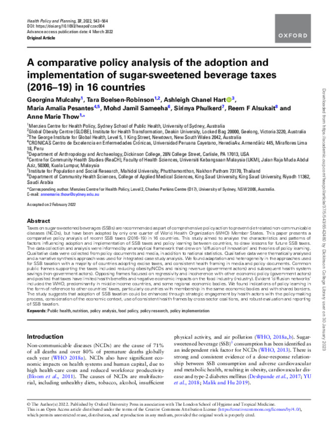 A Comparative Policy Analysis of the Adoption and Implementation of Sugar-Sweetened Beverage Taxes (2016-2019) in 16 Countries Miniature