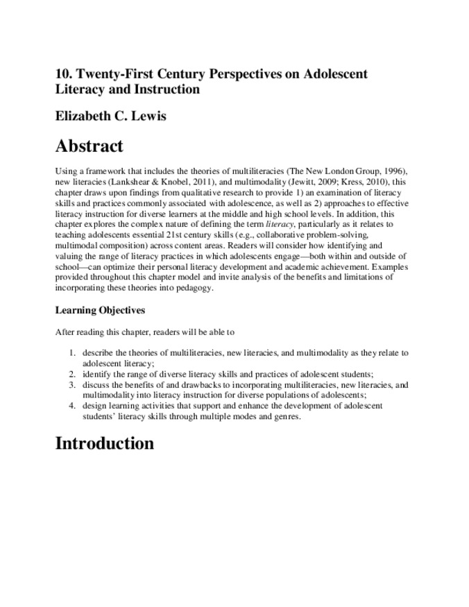 Twenty-First Century Perspectives on Adolescent Literacy and Instruction Thumbnail