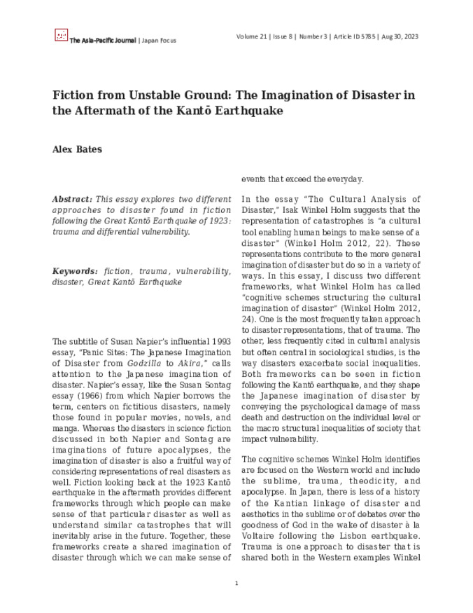 Fiction from Unstable Ground: The Imagination of Disaster in the Aftermath of the Kantō Earthquake miniatura