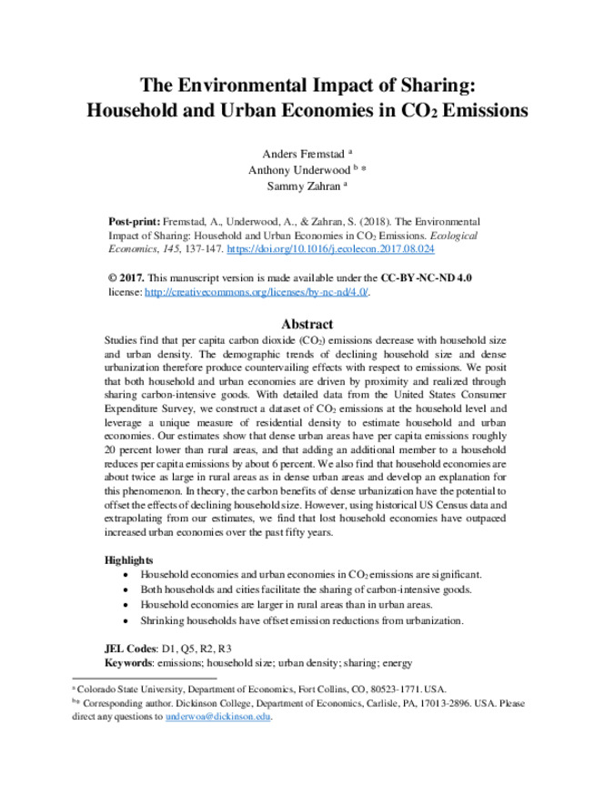 The Environmental Impact of Sharing: Household and Urban Economies in CO2 Emissions Thumbnail