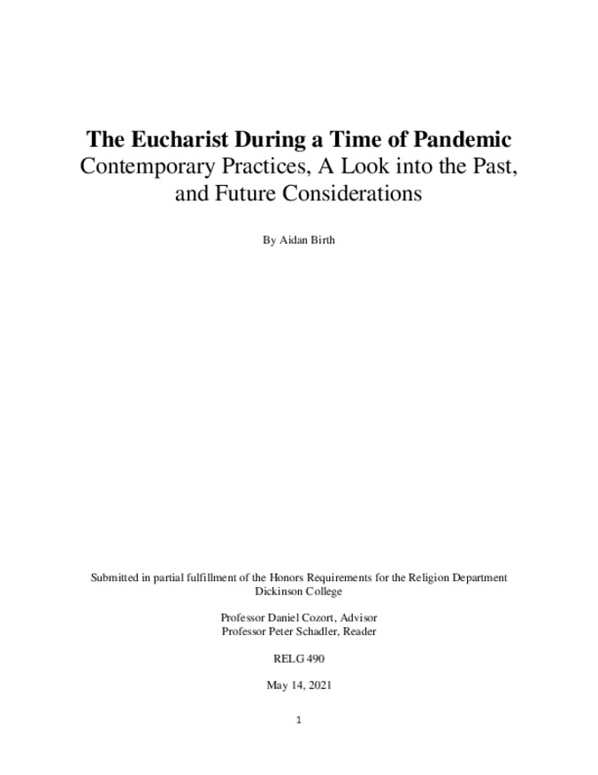 The Eucharist During a Time of Pandemic Contemporary Practices, A Look into the Past, and Future Considerations Miniature