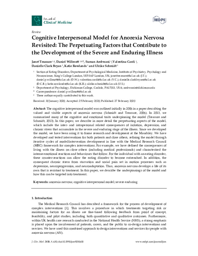 Cognitive Interpersonal Model for Anorexia Nervosa Revisited: The Perpetuating Factors that Contribute to the Development of the Severe and Enduring Illness Thumbnail