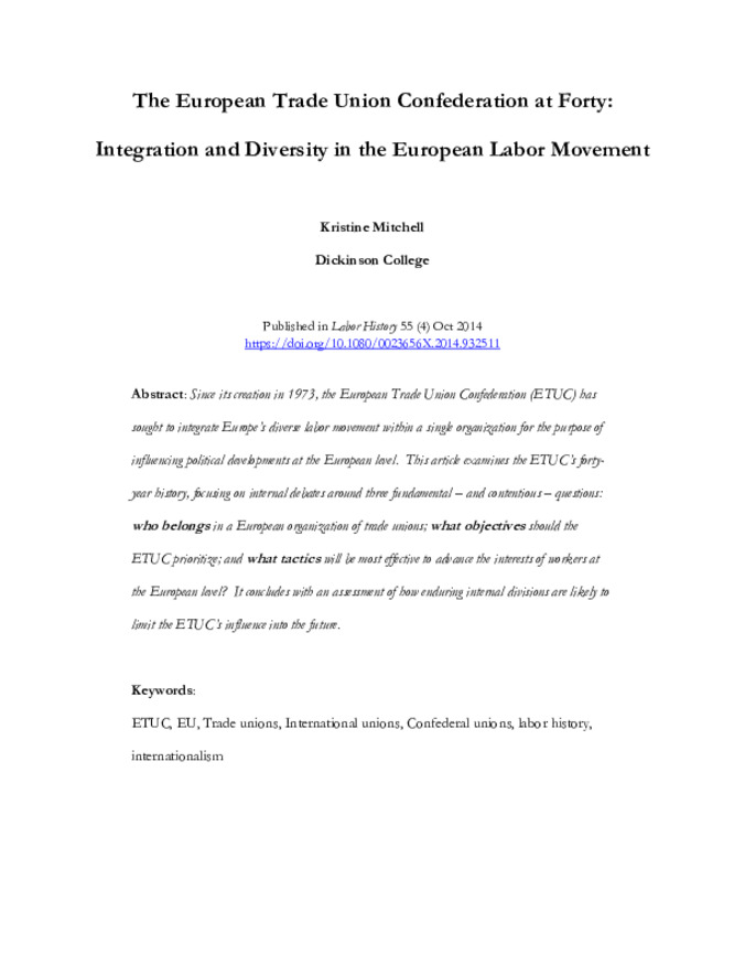 The European Trade Union Confederation at 40: Integration and Diversity in the European Labor Movement Thumbnail