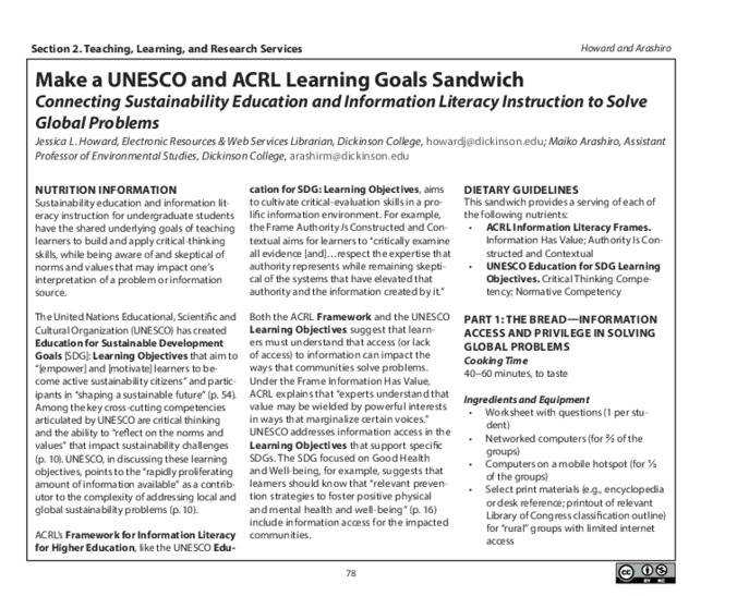Make a UNESCO and ACRL Learning Goals Sandwich: Connecting Sustainability Education and Information Literacy Instruction to Solve Global Problems miniatura
