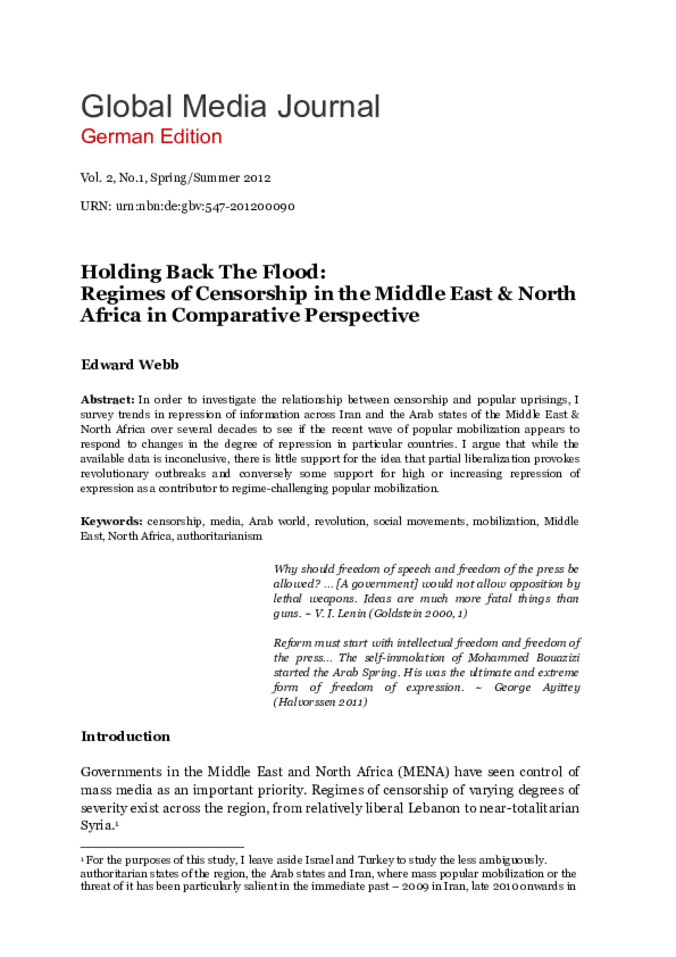 Holding Back The Flood: Regimes of Censorship in the Middle East & North Africa in Comparative Perspective Miniaturansicht