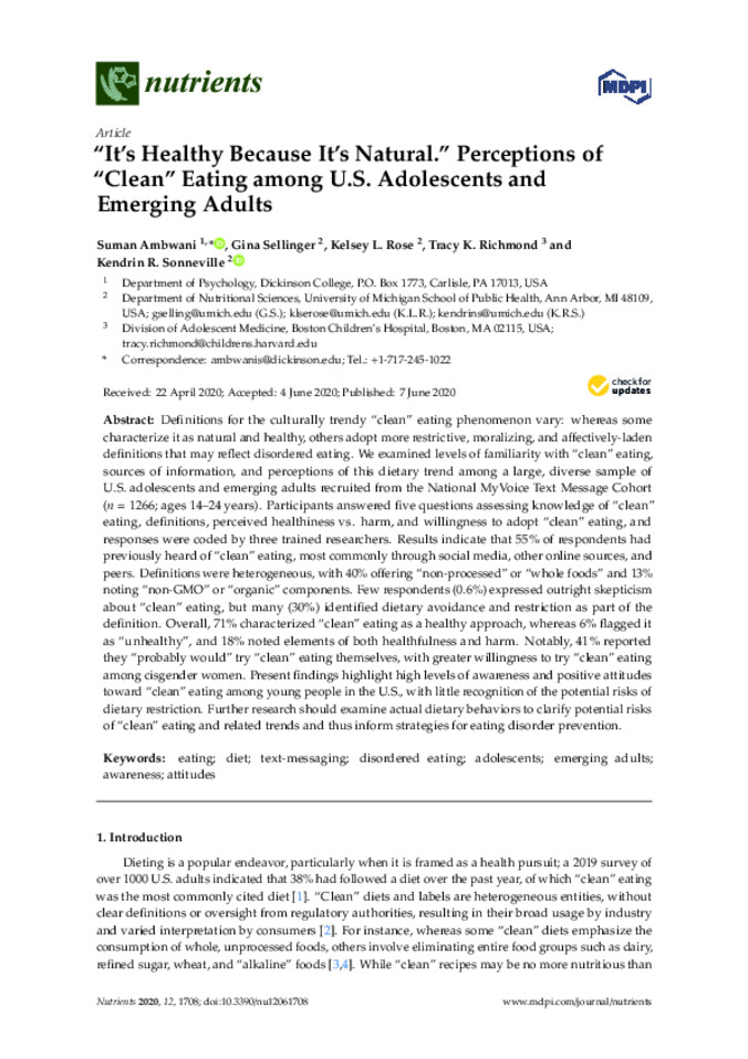 “It’s Healthy Because It’s Natural.” Perceptions of “Clean” Eating among U.S. Adolescents and Emerging Adults miniatura