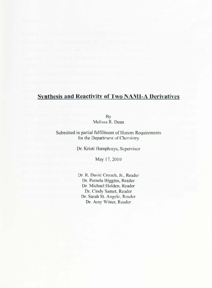 Synthesis and Reactivity of Two NAMI-A Derivatives Thumbnail