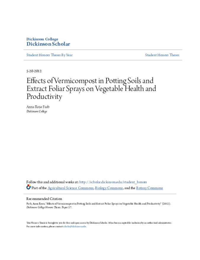 Effects of Vermicompost in Potting Soils and Extract Foliar Sprays on Vegetable Health and Productivity Thumbnail