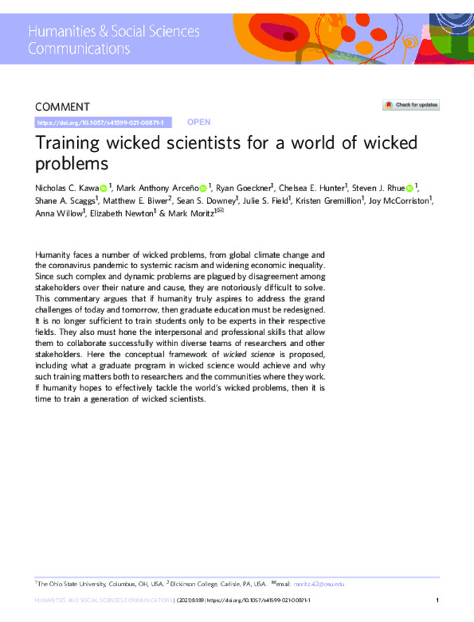 Training Wicked Scientists for a World of Wicked Problems Thumbnail