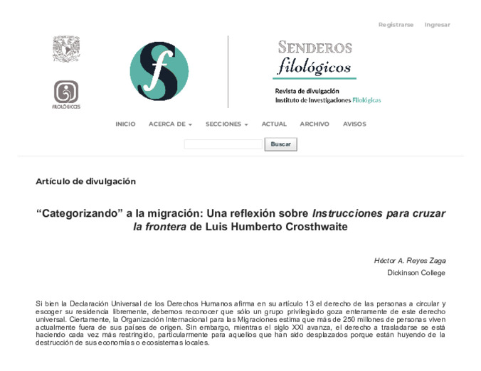 "Categorizando" a la migración: Una reflexión sobre Instrucciones para cruzar la frontera de Luis Humberto Crosthwaite miniatura