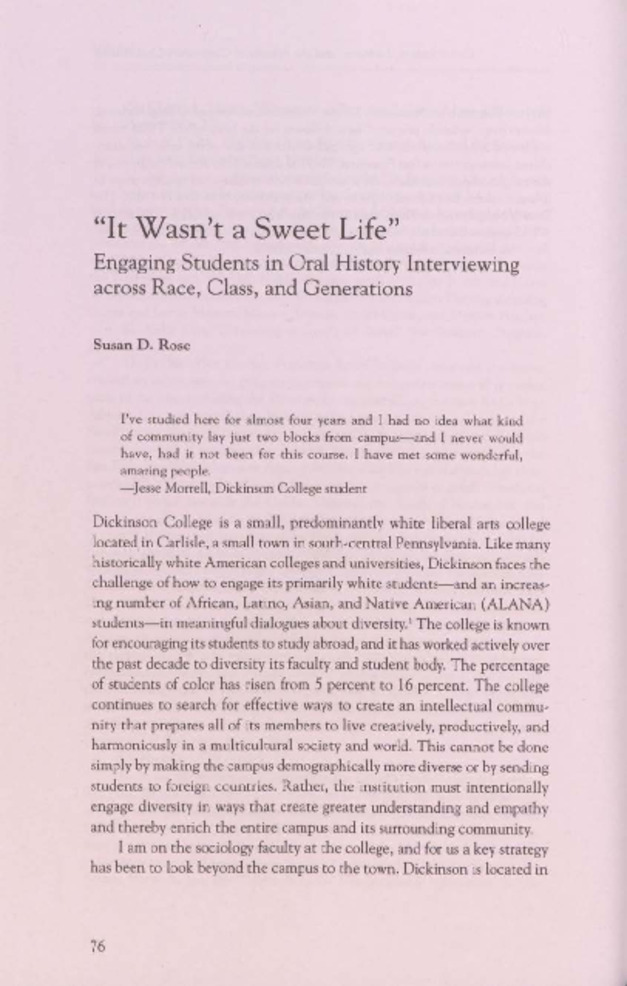 "It Wasn't A Sweet Life": Engaging Students in Oral History Interviewing Across Race, Class, and Generations Miniature